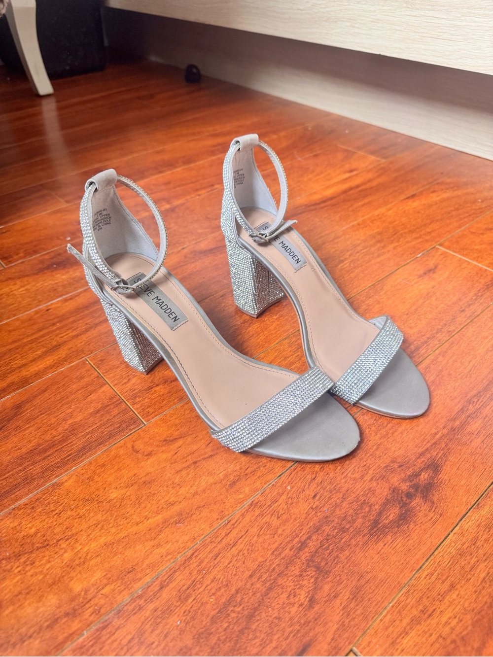 Steve Madden Silver Rhinestone Block Heels with Ankle Strap